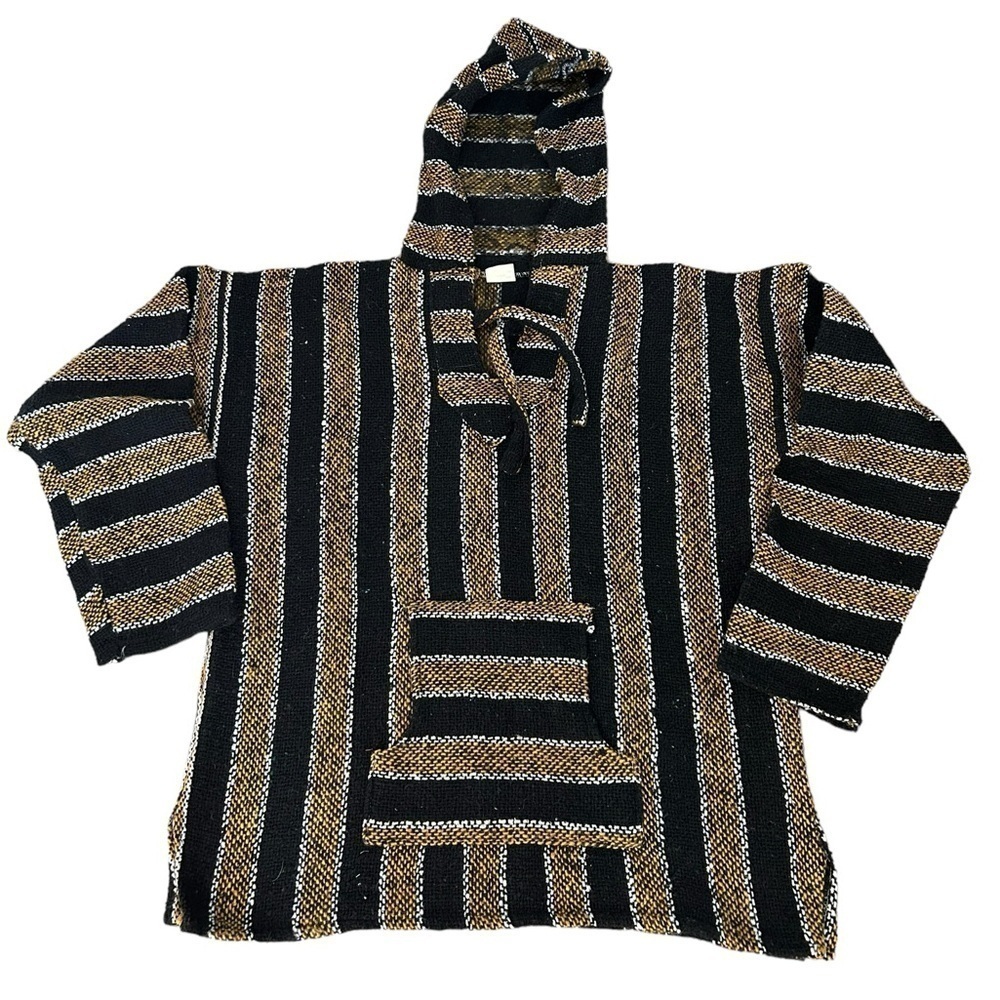 ♥️Mexican BAJA HOODIE BROWN BLACK White PONCHO Sweater Surfer Skater Size Medium